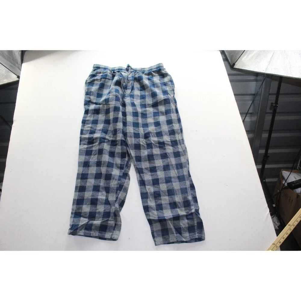 Stafford Sleep Pants Mens Large Blue Gray Plaid Cotton Drawstring Pajama